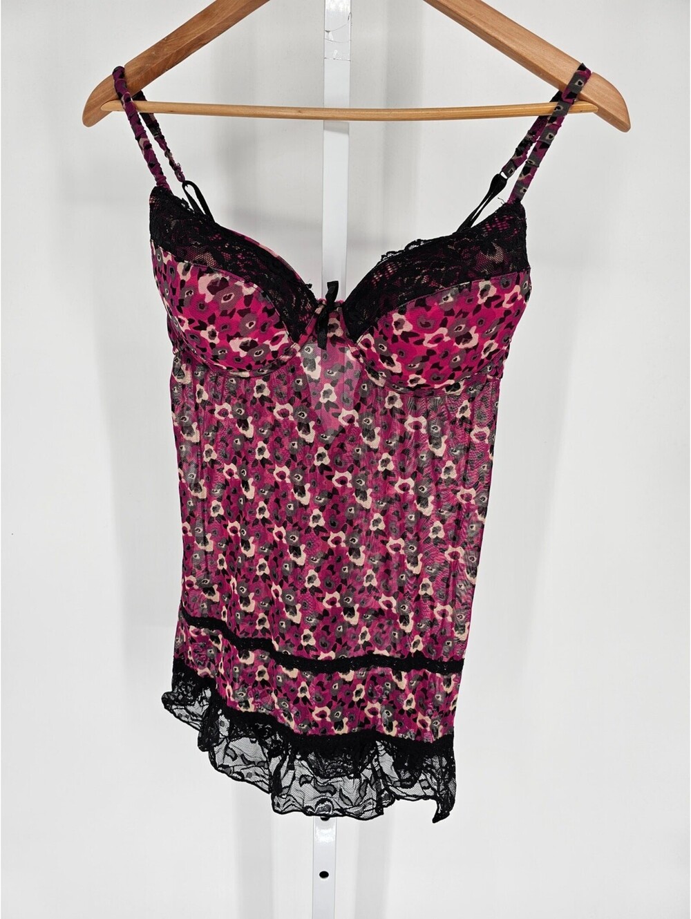 Vintage 1990s Womens Sz M Babydoll Nightie Pink Black Leopard Print Lace Trim